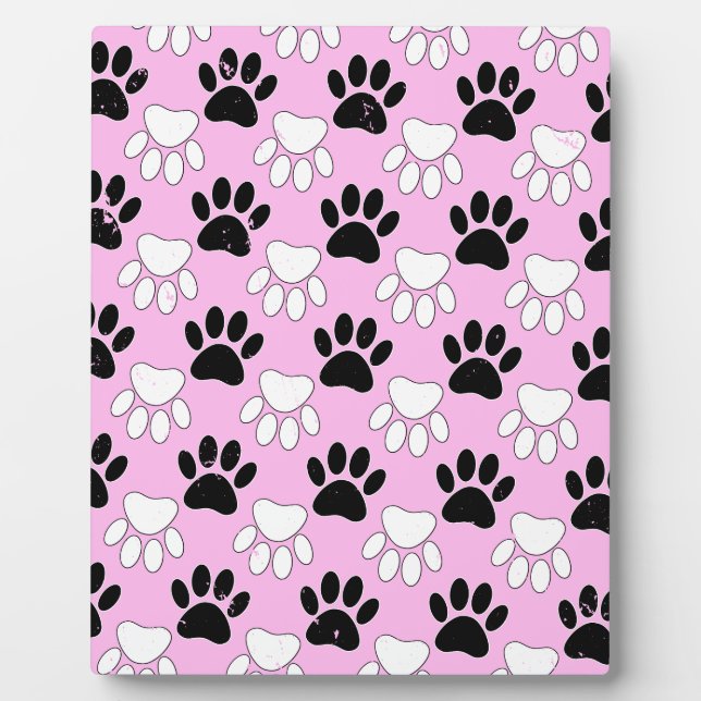 Distressed Black And White Paws On Pink Background Plaque (Front)