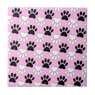 Distressed Black And White Paws On Pink Background Tile