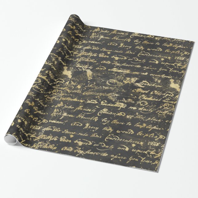 Distressed Black Background Old Gold Handwriting Wrapping Paper (Unrolled)