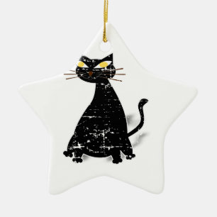 Distressed Black Fat Cat Ceramic Tree Decoration