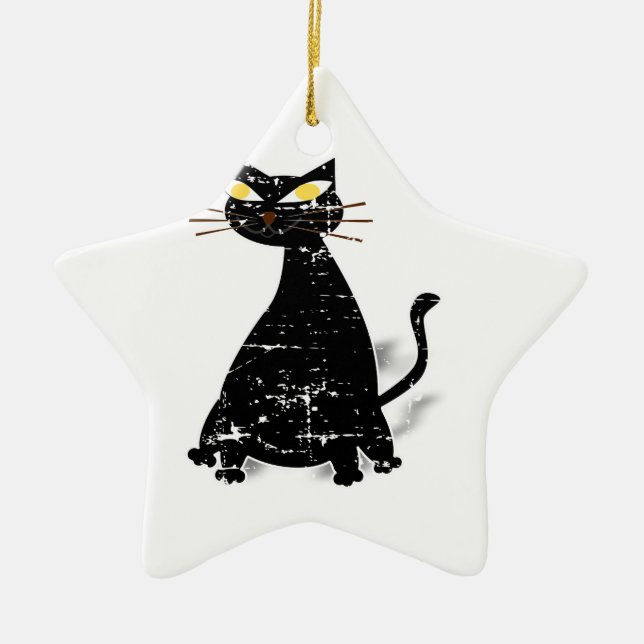 Distressed Black Fat Cat Ceramic Tree Decoration (Front)