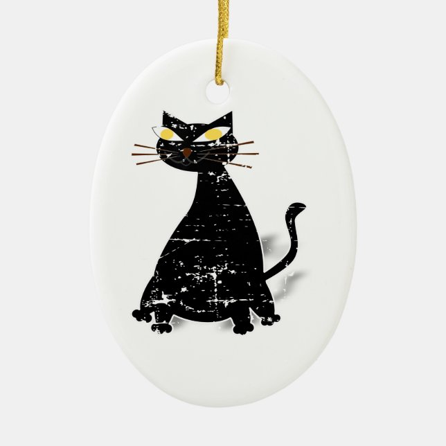 Distressed Black Fat Cat Ceramic Tree Decoration (Front)