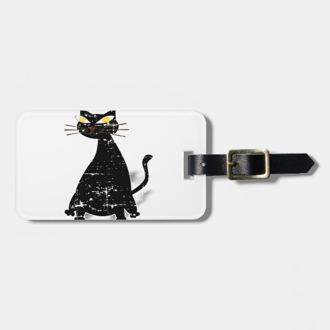 Distressed Black Fat Cat Luggage Tag (Front Horizontal)