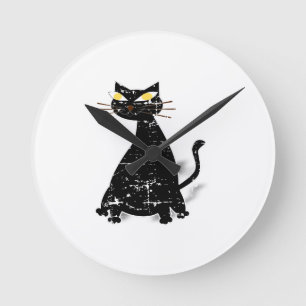 Distressed Black Fat Cat Round Clock