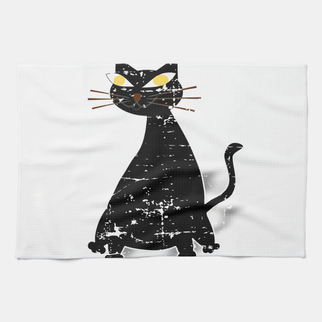 Distressed Black Fat Cat Tea Towel (Horizontal)