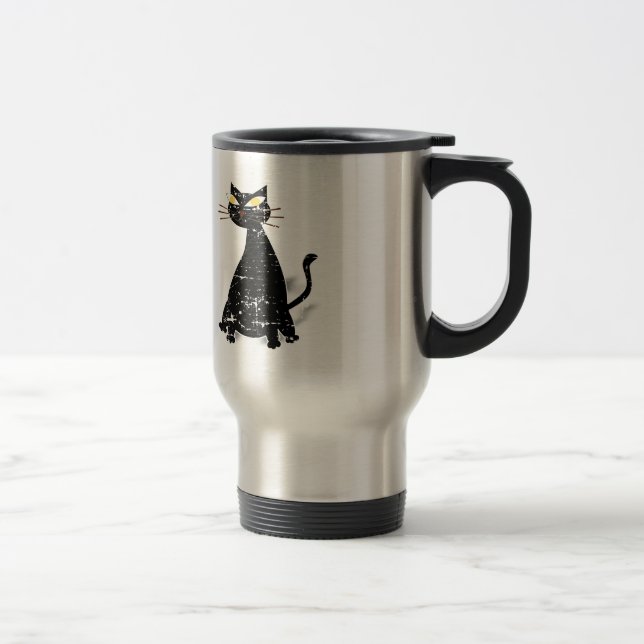 Distressed Black Fat Cat Travel Mug (Right)