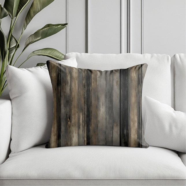 Distressed Black Gold and Grey Stripe Cushion (Distressed black, gray, gold throw pillow.)