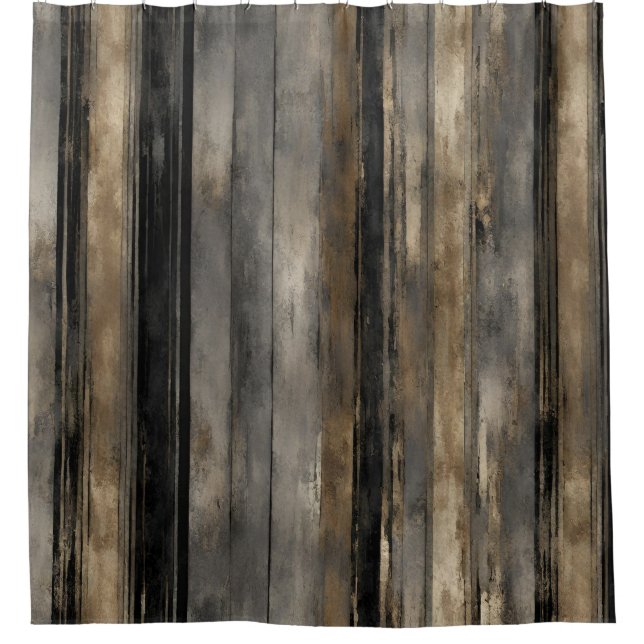 Distressed Black Gold and Grey Stripe Shower Curtain (Front)