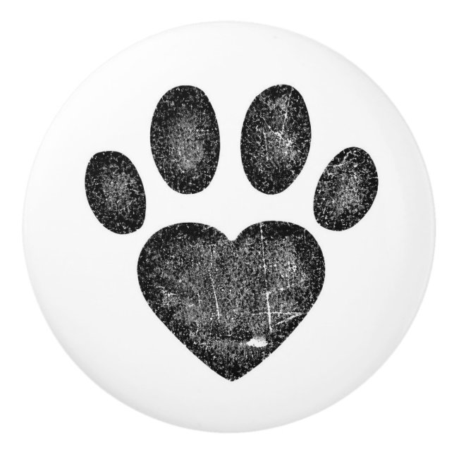 Distressed Black Heart Pawprint Ceramic Knob (Front)