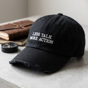Distressed Black Less Talk More Action Vintage Emb Embroidered Hat
