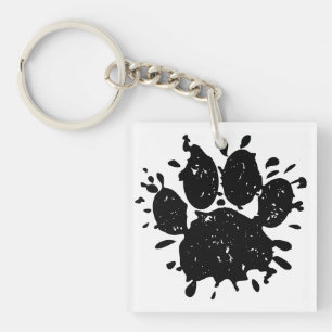 Distressed Black Paint Splatter Dog Paw Print Key Ring