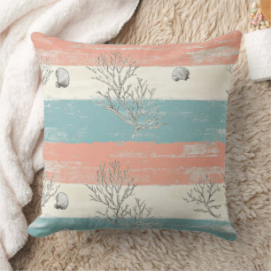 Distressed Blue and Peach Stripes with Sea Shells Cushion