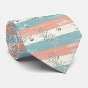 Distressed Blue and Peach Stripes with Sea Shells Tie