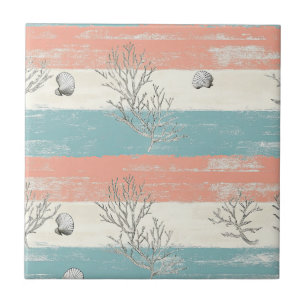 Distressed Blue and Peach Stripes with Sea Shells Tile
