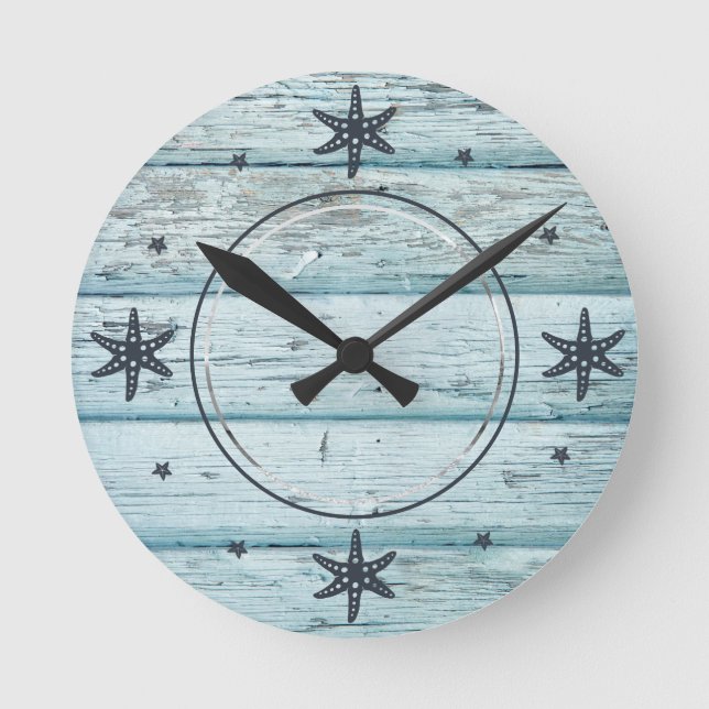 Distressed Blue Beach Wood Starfish Photo Round Clock (Front)