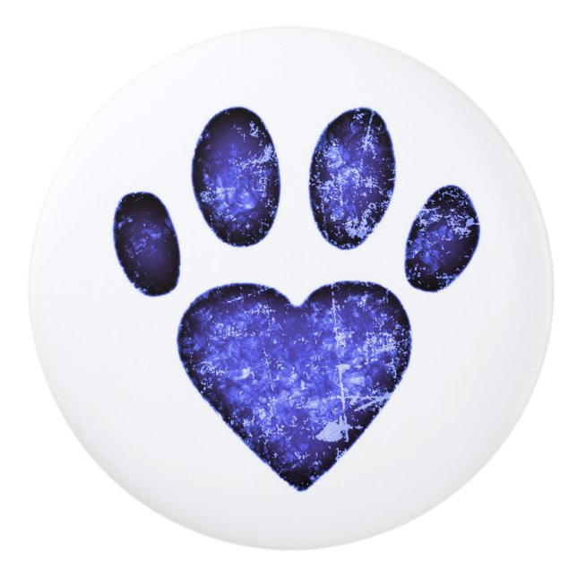 Distressed Blue Heart Pawprint Ceramic Knob (Front)