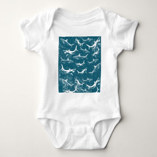 Distressed Blue Shark Pattern  Baby Bodysuit (Front)