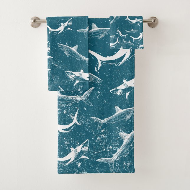 Distressed Blue Shark Pattern  Bath Towel Set (Insitu)