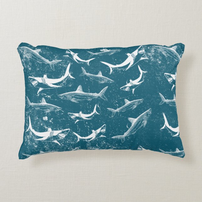 Distressed Blue Shark Pattern Decorative Cushion (Front)