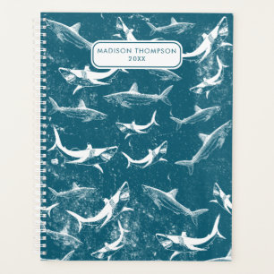 Distressed Blue Shark Pattern Kids Custom Name Planner