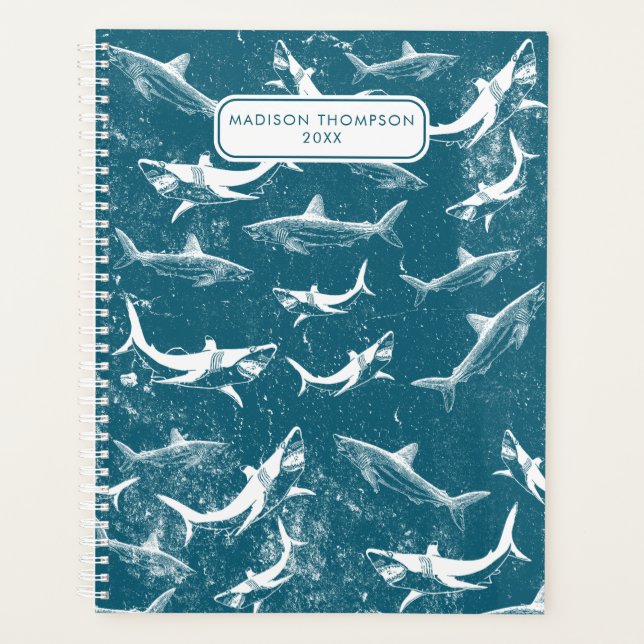 Distressed Blue Shark Pattern Kids Custom Name Planner (Front)