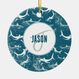 Distressed Blue Shark Pattern Monogram  Ceramic Tree Decoration