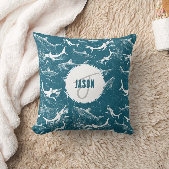 Distressed Blue Shark Pattern Monogram  Cushion (Blanket)