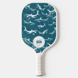 Distressed Blue Shark Pattern Monogram Pickleball Paddle