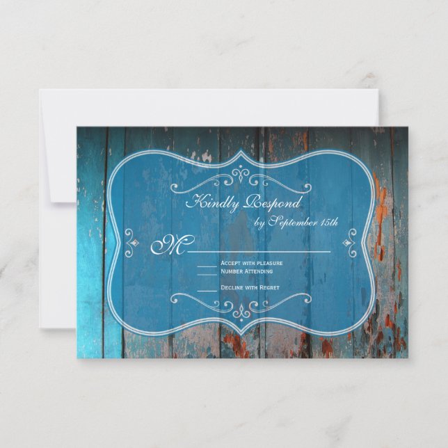 Distressed Blue Wood Rustic Wedding RSVP Cards (Front)