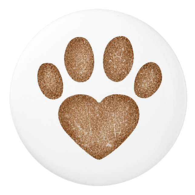 Distressed Brown Heart Pawprint Ceramic Knob (Front)