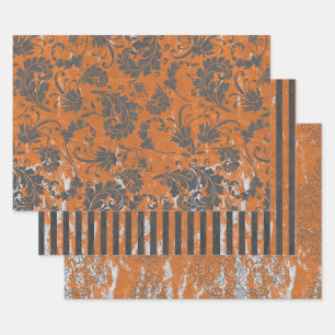 Distressed burnt orange and grey patterned  wrapping paper sheet
