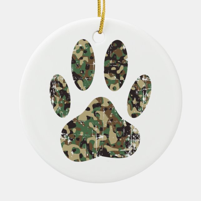 Distressed Camo Dog Paw Print Ceramic Tree Decoration (Front)