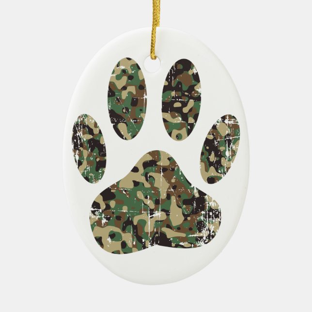 Distressed Camo Dog Paw Print Ceramic Tree Decoration (Front)