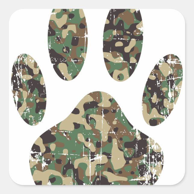 Distressed Camo Dog Paw Print Square Sticker (Front)