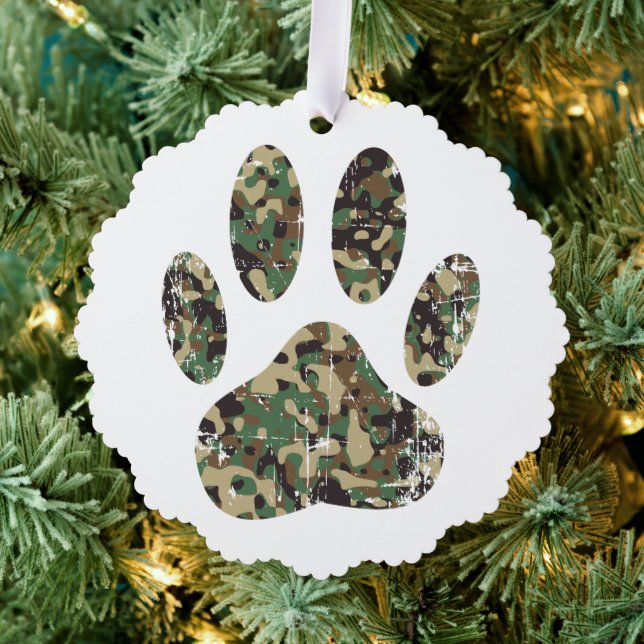 Distressed Camo Dog Paw Print Tree Decoration Card (Insitu (Tree))