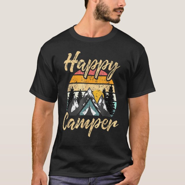 Distressed Camping Hiking Present Happy Camper T-Shirt (Front)