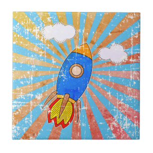Distressed Cartoon Rocket Retro Sunset Decorative Tile