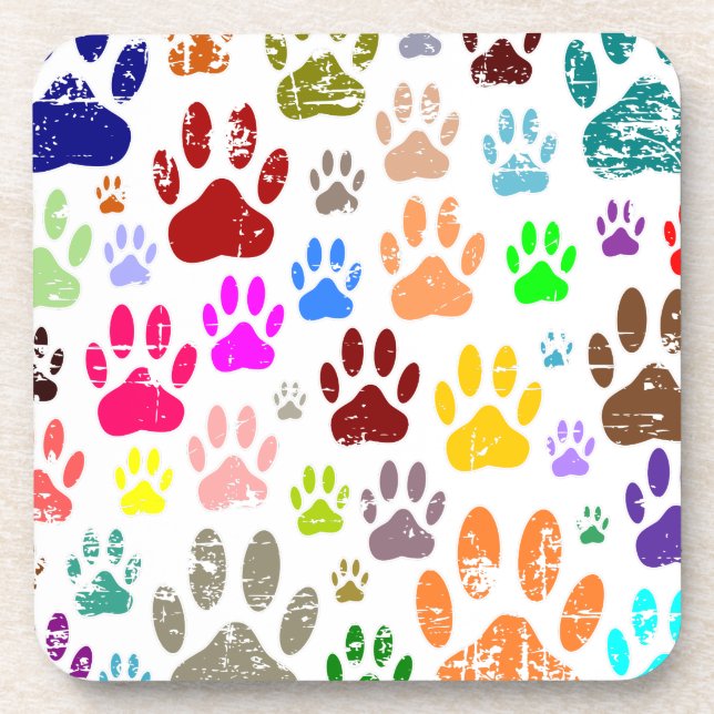 Distressed Colorful Dog Paw Prints Coaster (Front)