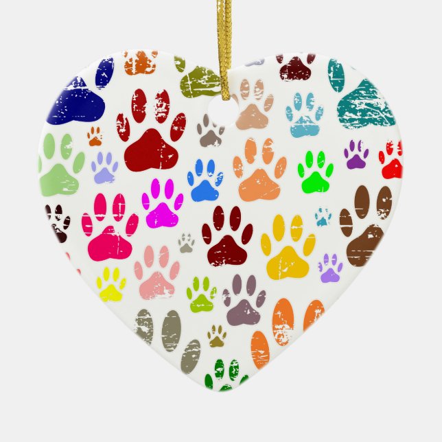 Distressed Colourful Dog Paw Prints Ceramic Tree Decoration (Front)