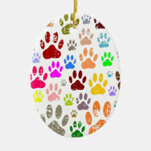 Distressed Colourful Dog Paw Prints Ceramic Tree Decoration