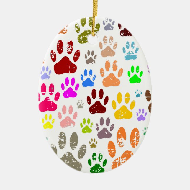Distressed Colourful Dog Paw Prints Ceramic Tree Decoration (Front)