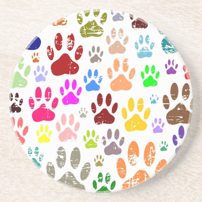 Distressed Colourful Dog Paw Prints Coaster (Front)