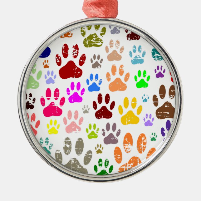 Distressed Colourful Dog Paw Prints Metal Tree Decoration (Front)