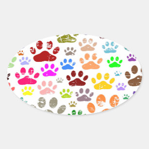 Distressed Colourful Dog Paw Prints Oval Sticker