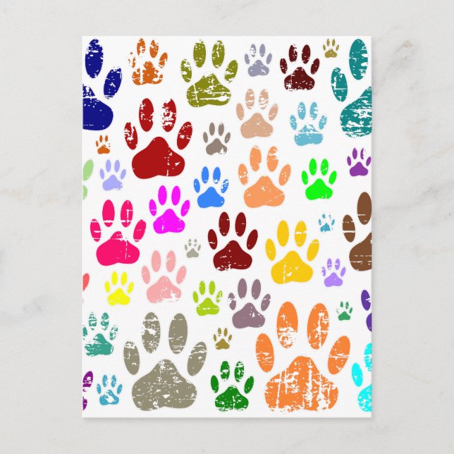 Distressed Colourful Dog Paw Prints Postcard (Front)