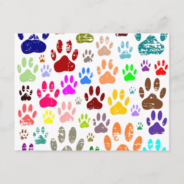 Distressed Colourful Dog Paw Prints Postcard (Front)