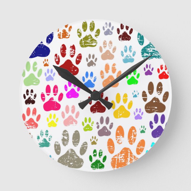 Distressed Colourful Dog Paw Prints Round Clock (Front)