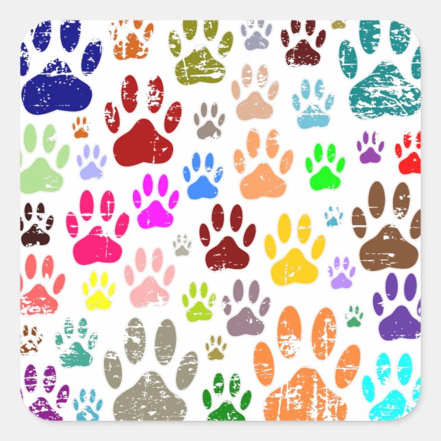 Distressed Colourful Dog Paw Prints Square Sticker (Front)
