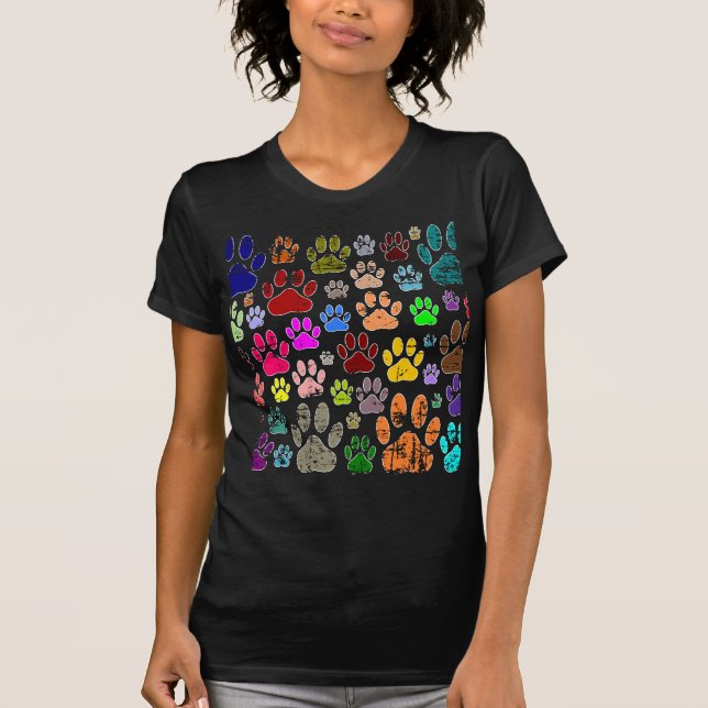 Distressed Colourful Dog Paw Prints T-Shirt (Front)