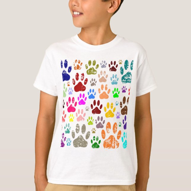 Distressed Colourful Dog Paw Prints T-Shirt (Front)